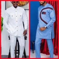 New Men's Tenos Wedding 2-Piece Suit Waist Pants Shirt Solid Color Panel Long Sleeve Party African Ethnic Style Clothing (M-4XL) 1