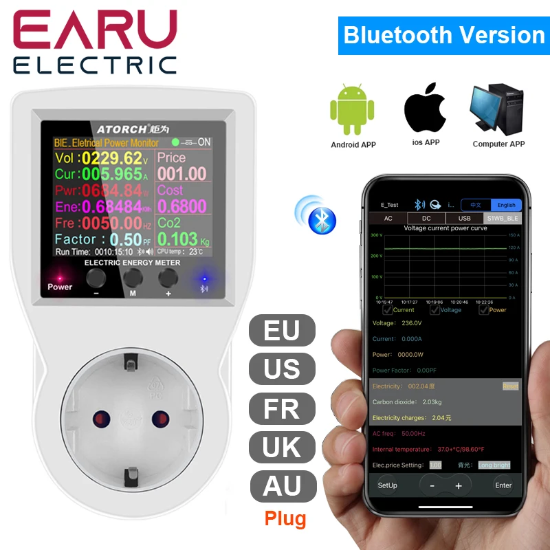 220V Ac Power Digital Wattmetro Meter Consumo Elettrico Contatore Di Energia Spina Ue Power Watt Wattaggio Contatore Di Elettricità Per App