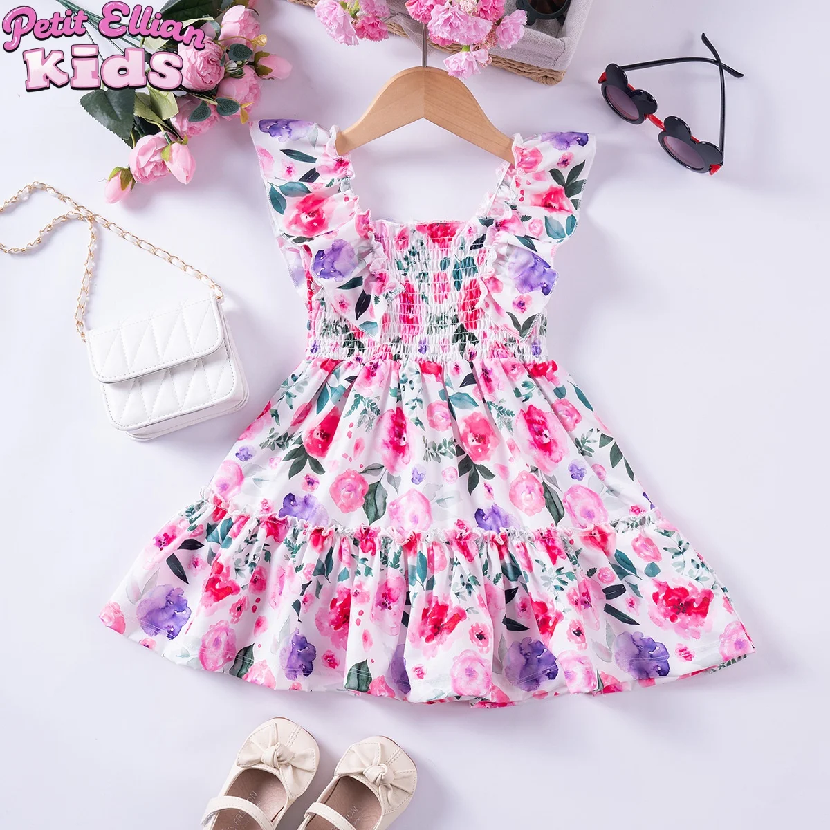 1-7 Y Baby Girls Sweet Floral Dress with Ruffled Sleeves & Smocked Waist-Perfect for Party & Summer Wear for Kids Girl Dress girls dress