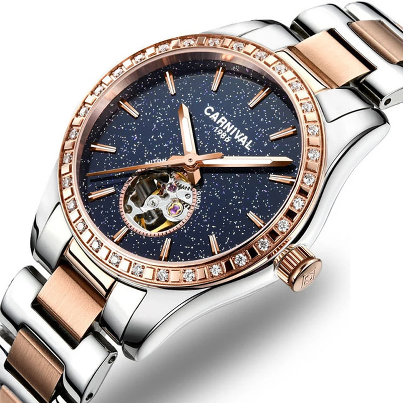 CARNIVAL Luxus Automatische Mechanische Frauen Uhren Mode Diamant Damen Starry Sky Uhr Wasserdichte Weibliche Uhr Für Geschenk_voghion.com