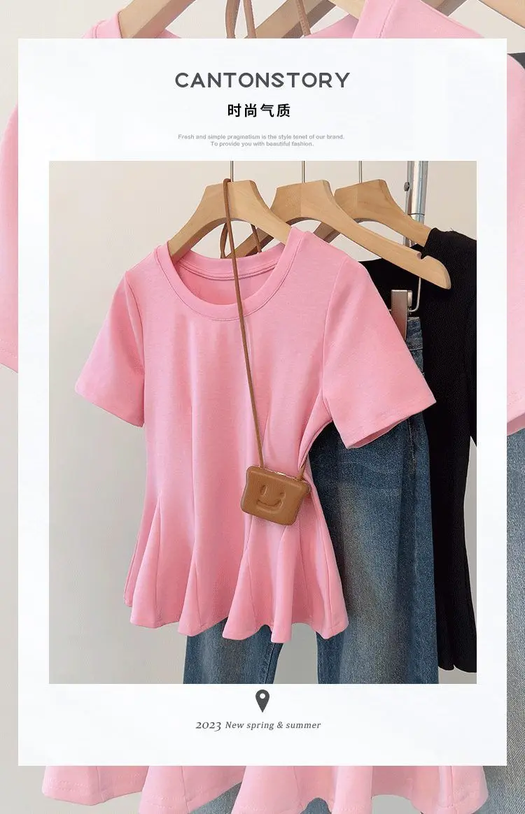 

Summer New 2024 Solid Color Design Sense Waist Tight T-shirt Slimming and Age Reducing Top for Women