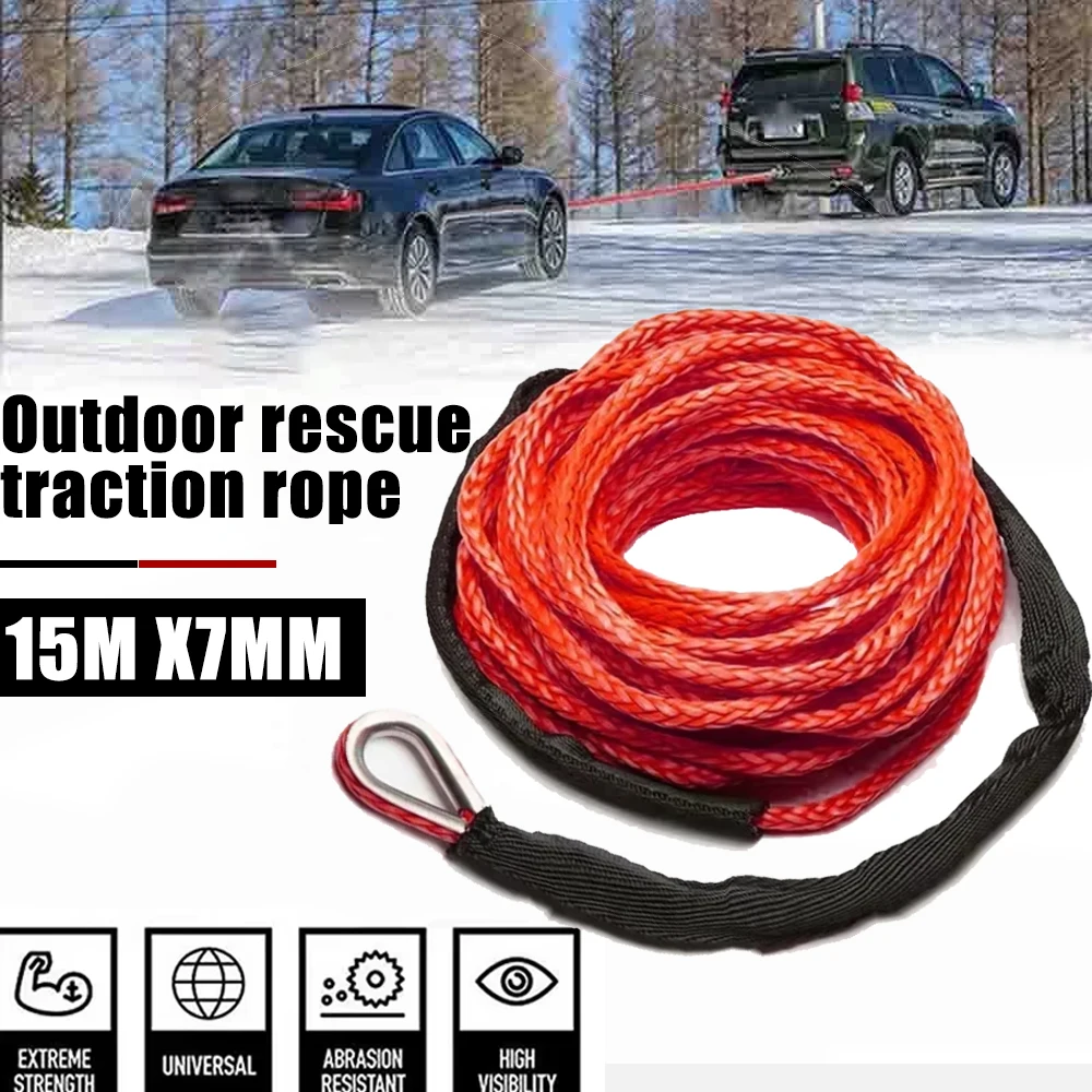 15mX7mm 13.500LBS Abschleppgurt Synthetisches Bergungskabel Windenseil Linie ATV UTV 4WD Abschleppseil 4x4 Offroad-Zubehör