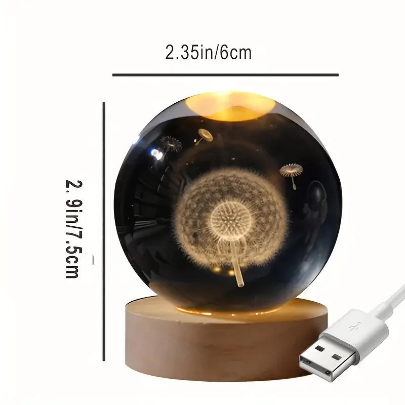 3D Laser Crystal Ball Night Light Decoration – Dandelion Carved Glass Sphere