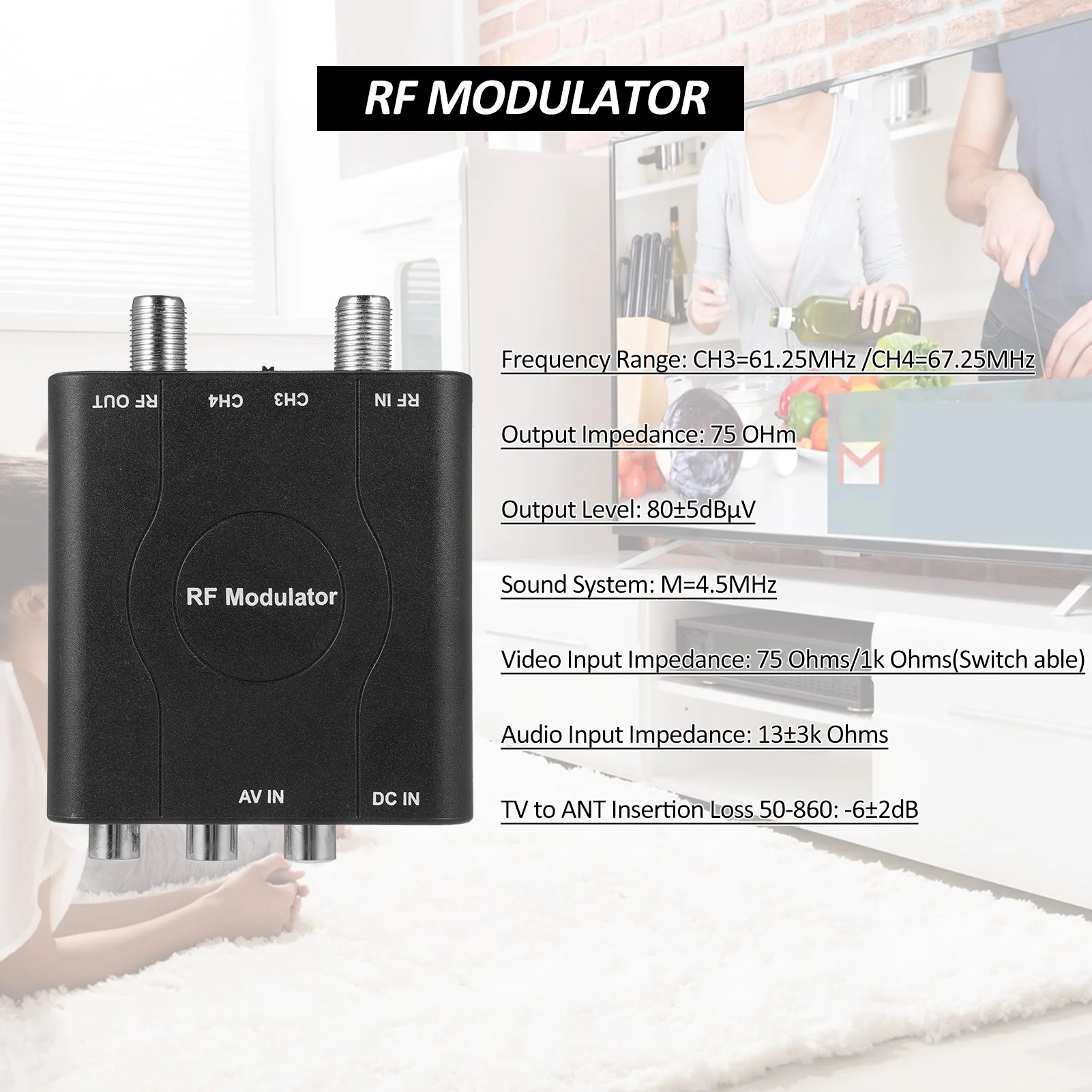 RF 아날로그 신호 변조기, AV-RF 변환기, NTSC CH3/CH4 채널 비디오 입력 어댑터, TV용 VHF 복조기 변환기