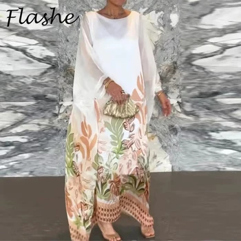 Summer Vintage Printed Maxi Dresses For Women Casual Long Sleeve Loose Beach Holiday Dress Plus Size Women Loose Robe