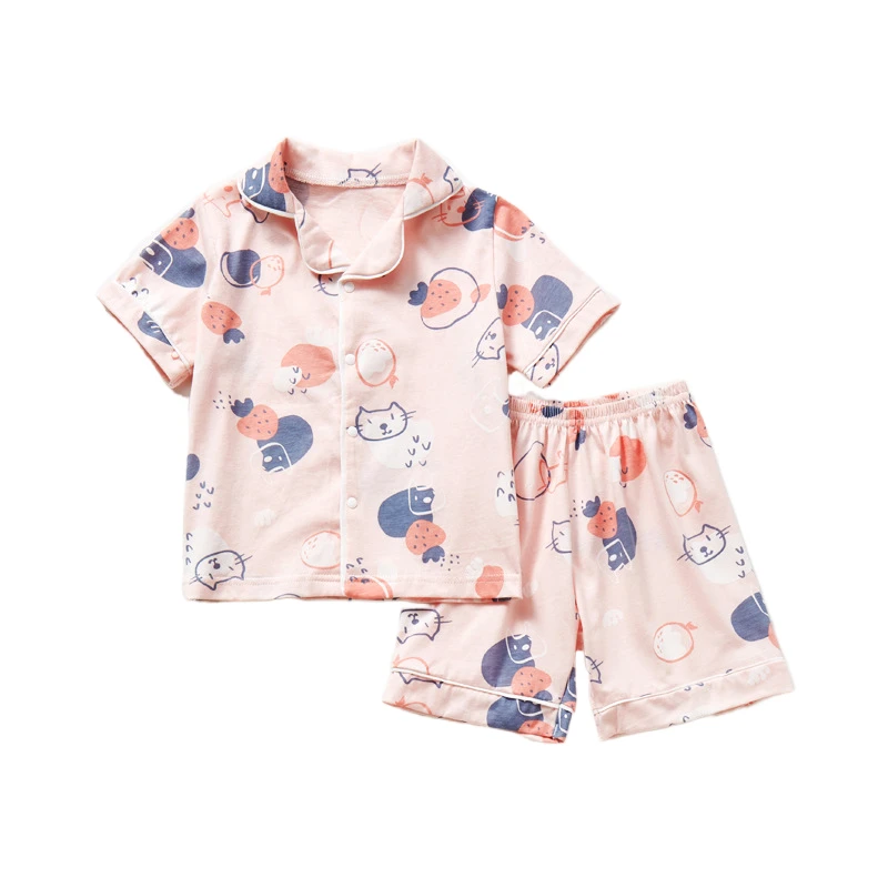 Children Cotton Pajamas Summer Cartoon Printed 2 Pieces Set Short Sleeve Top with Shorts Toddler Baby Boy Girls Sleepwear Sets