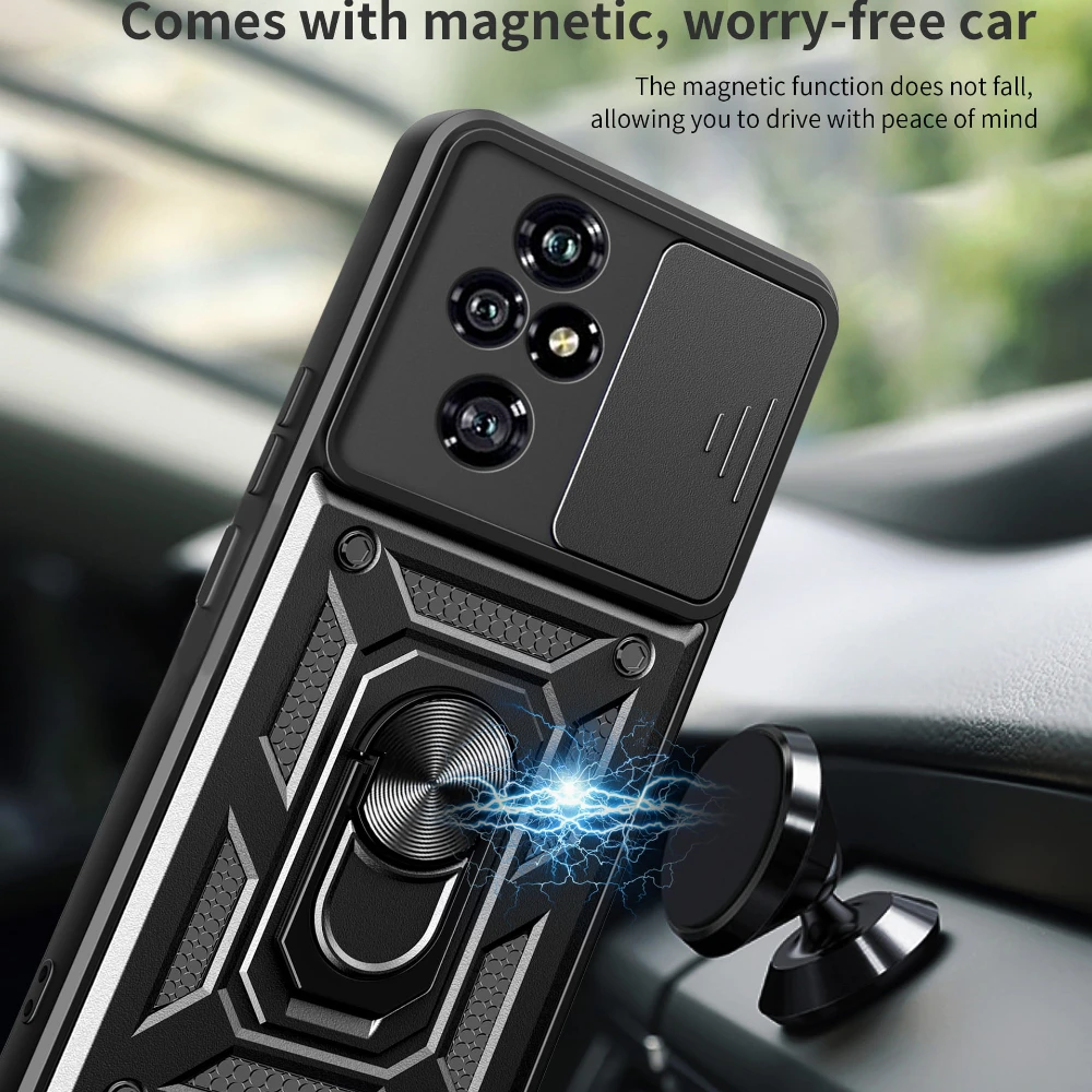 Durable Phone Case with Slide Lens Cover, Rotating Ring, and Shockproof Stand Holder