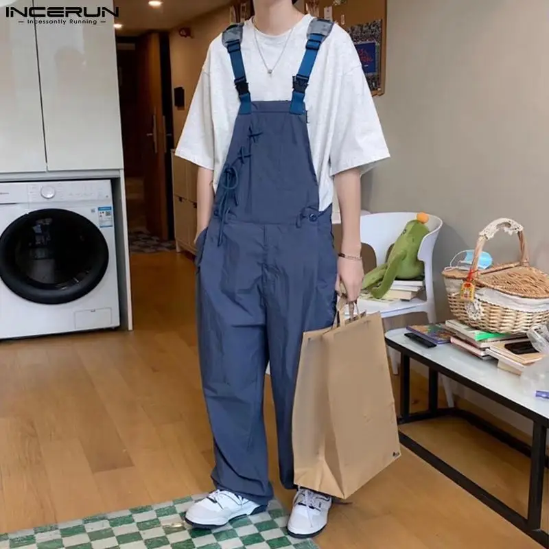 

INCERUN 2023 Korean Style New Men's Casual Ribbon Splicing Jumpsuits Fashion Male Solid All-match Sleeveless Strap Pants Rompers