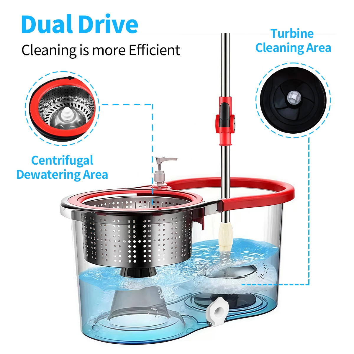 360° Spin Mop Bucket Sets with Wring System in 3 Microfiber Heads, 47" Extended Handle Floor Cleaning