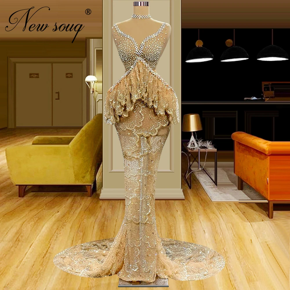 

Dubai Designed Champagne Mermaid Evening Dresses Saudi Arabia Beads Crystals Prom Dress Couture Long Women Wedding Party Gowns