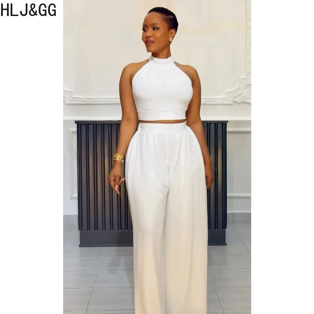HLJ&GG Summer New Solid Wide Leg Pants Two Piece Sets Women Halter Sleeveless Crop Top And Pants Outfits Elegant Lady Clothing