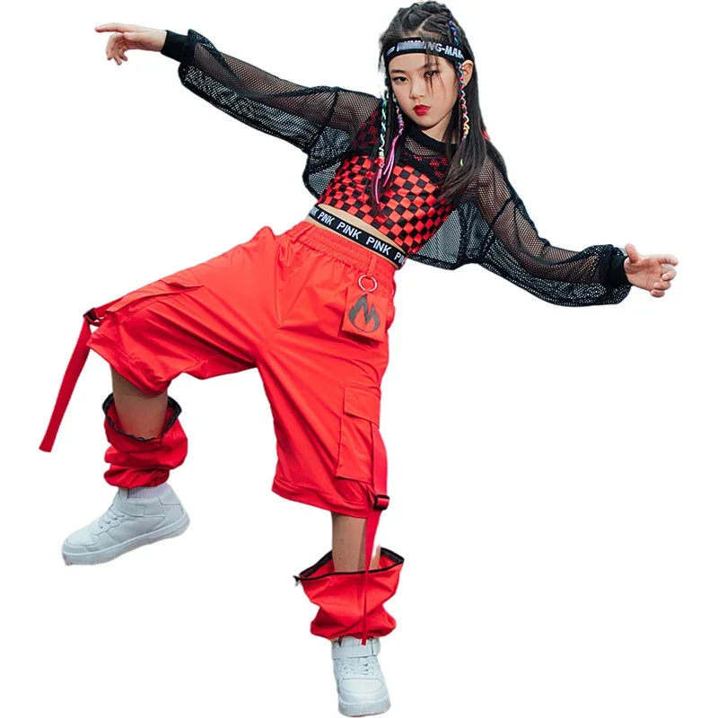 Red Lattice Vest Loose Cargo Pants Net Tops For Girls Clothes Jazz Show Stage Outfit Kids Hip Hop Street Dance Costume girl dance costume children costumes