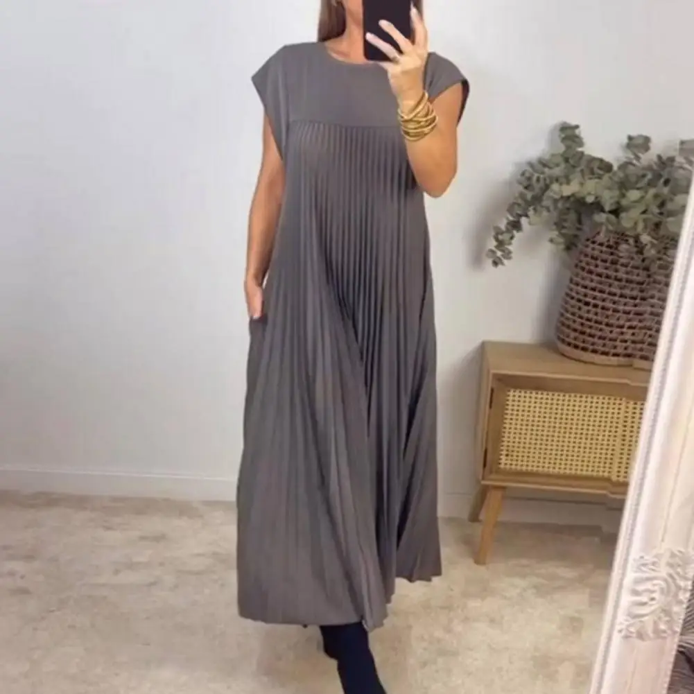 

Dress Elegant Midi Dress for Women Soft Breathable A-line Summer Dress with Pleated Round Neck for Summer Commute Outings Women