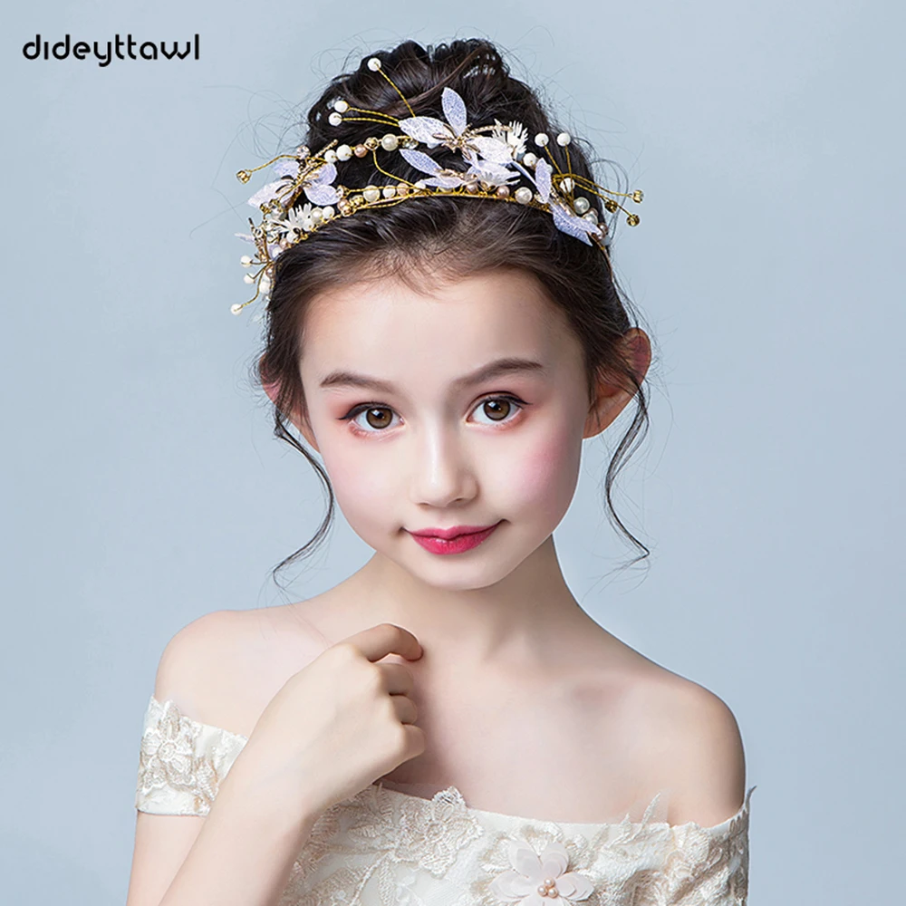 Dideyttawl Gold Metal Flowers Girls Headwear Princess Girls Tiara For Wedding Birthday Party Rhinestone Hair Accessories