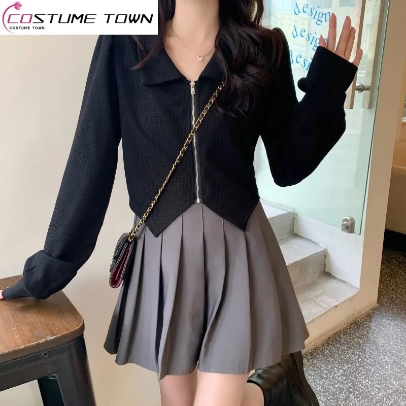 Spring/Summer 2023 New Set Women's Premium Fashion Long Sleeve T-shirt Design Zip Top+Pleated Skirt Two Piece Set