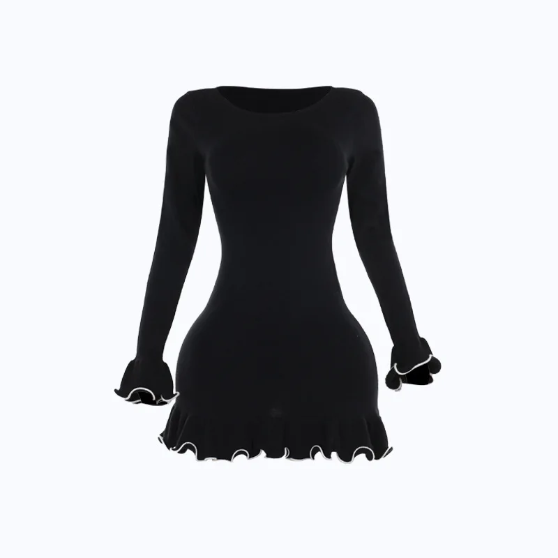 Elegant Long Sleeved Elastic Tight Women Short Skirt Autumn New Wave Roll Wool Dress Fashion Street Evening Dress