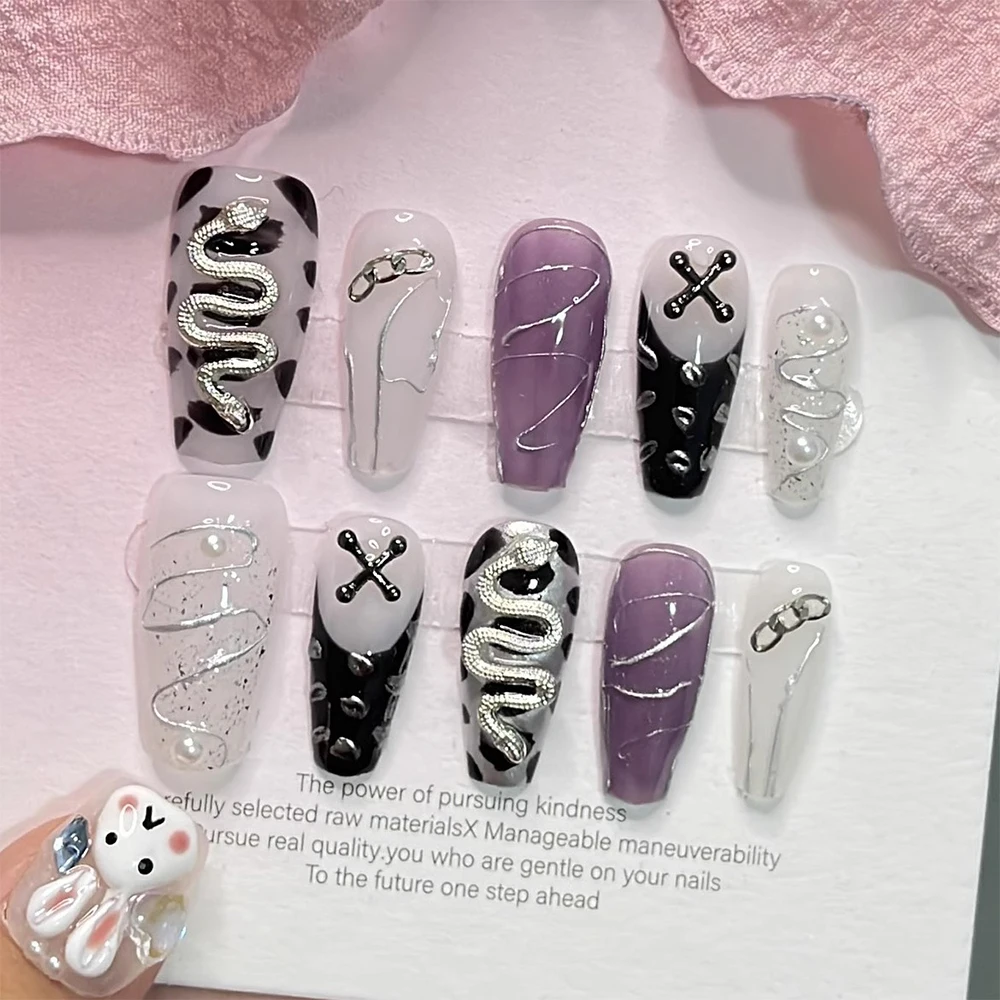 

Handmade Fake Nails with Glue Retro metal y2k spice girl senior white snake punk Design Acrylic Full Cover Nail Tips for Girls