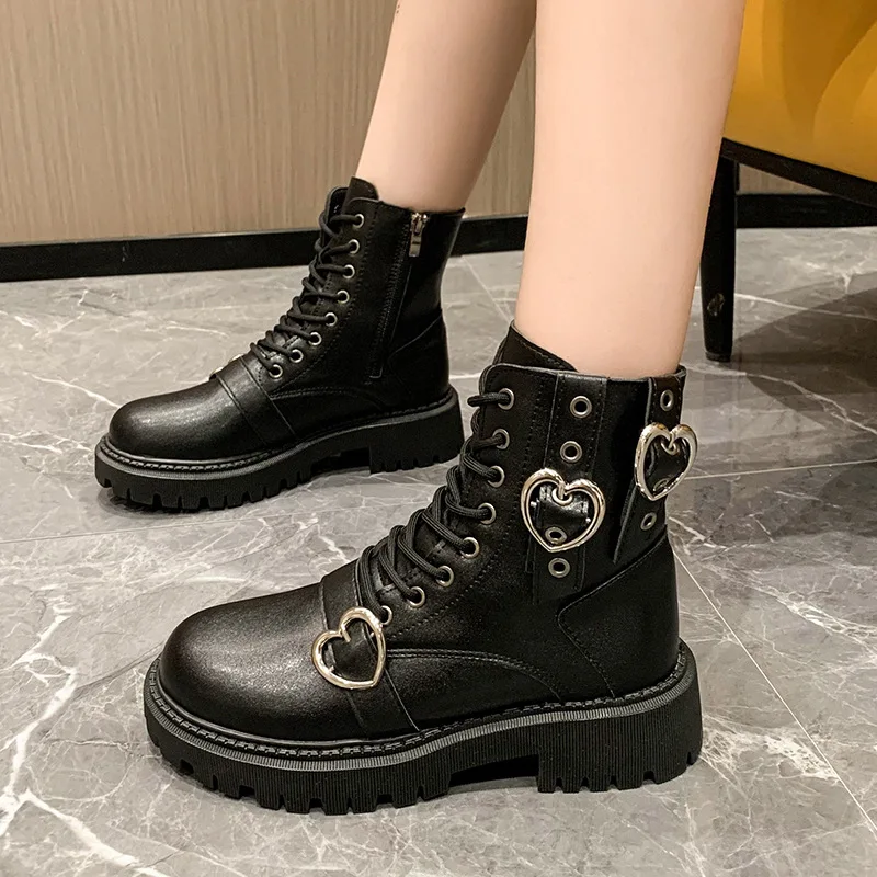 

Heart Buckle Thick Heeled Ankle Boots Women Lace Up Chunky Platform Combat Boots Woman Zipper Pu Leather Short Booties