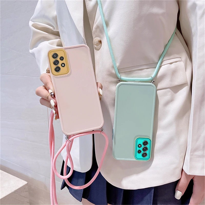 

Crossbody Candy Color Strap Silicone Lanyard Case For Samsung Galaxy A13 A23 A33 A53 A73 A32 A12 A21S A51 A52S Shockproof Cover