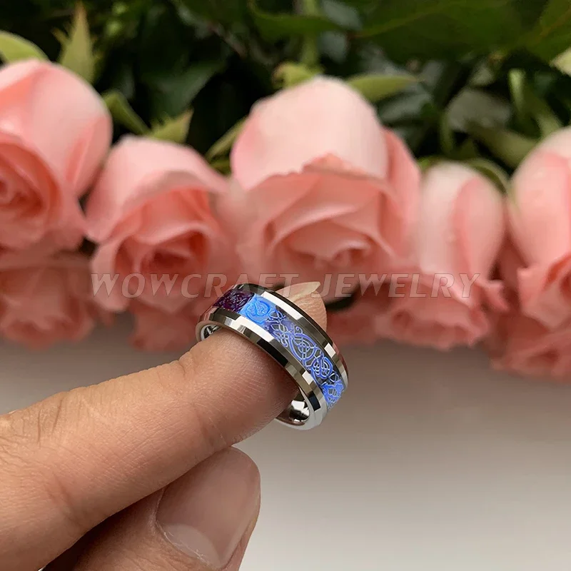 Tungsten Wedding Bands 8mm Blue Blue Dragon Rings for Men Women Engagement Ring Polished Shiny with Carbon Fiber Comfort Fit