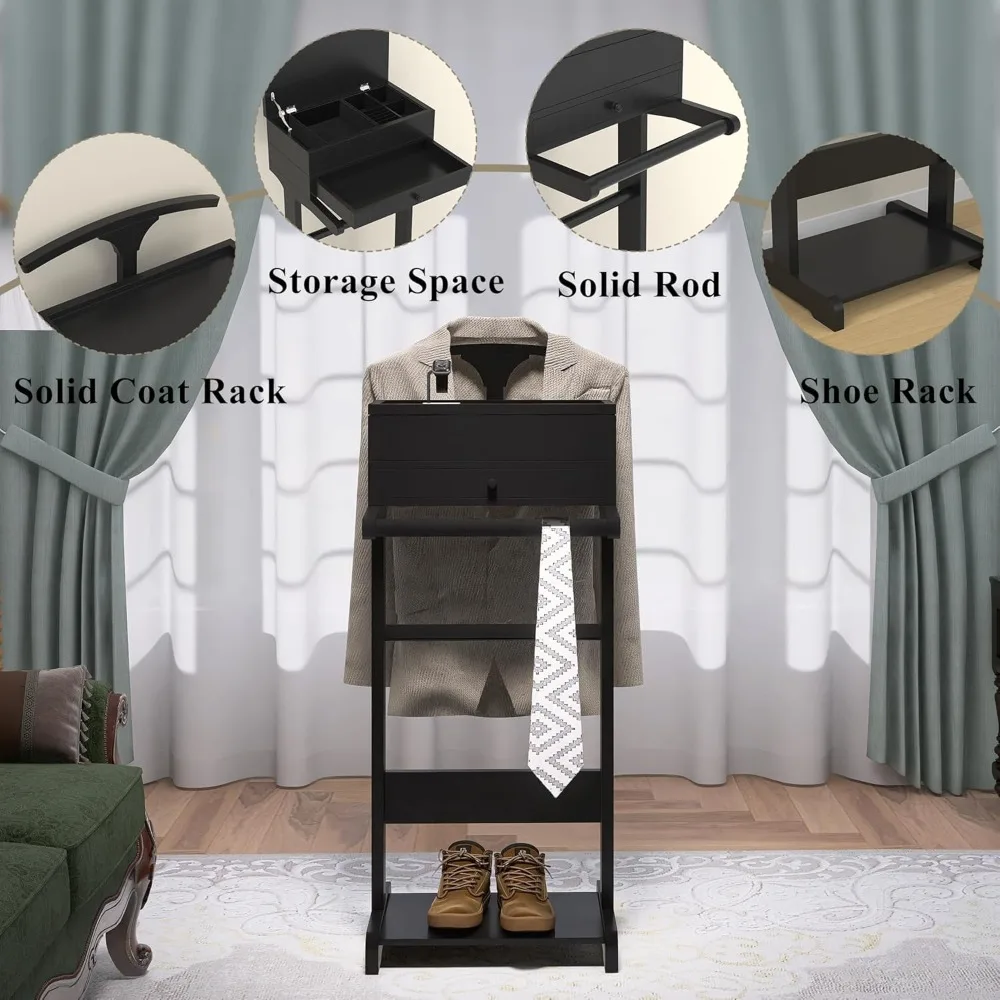 mens valet stand with drawer, tray, shoe shelf and suit rack, wooden clothing rack for men women, clothes valet stand for bedroo