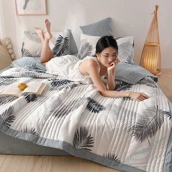 여름용 세탁 코튼 이불, 에어컨 이불, 부드러운 통기성 담요, 얇은 잎 프린트 침대보 침대 커버, 가정용 텍스타일