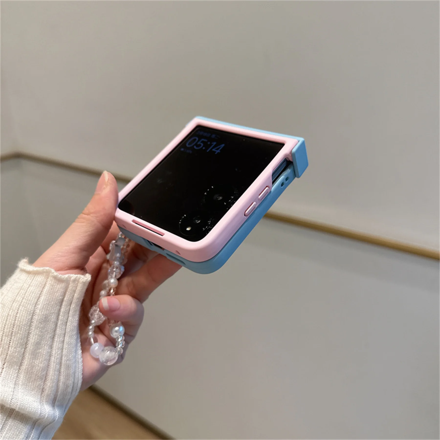 Cute Fresh Floral Pink Blue Phone Case with Bow and Beaded Bracelet Chain