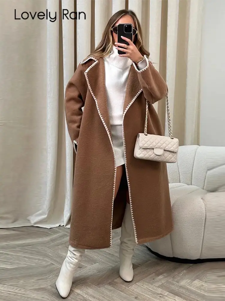 

2023 Women Multicolor Embroidery Woolen Long Coats Elegant Turn-Down Collar Overcoats Female Vintage Loose High Street Jacket