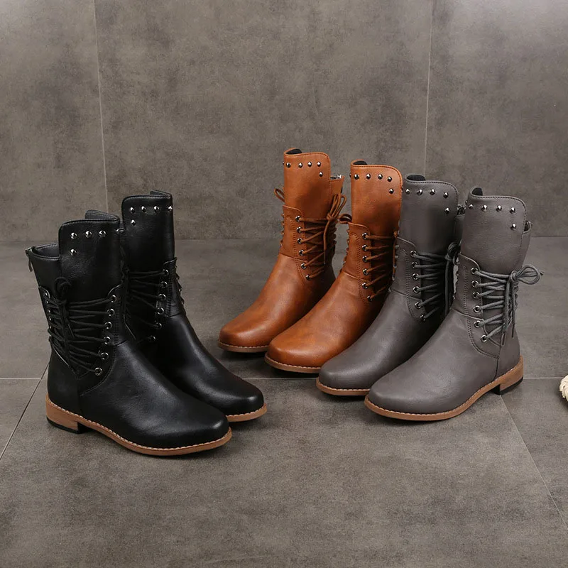 2023 New Women Mid Calf Boots Low Heels Winter Fur Boots Studded Booties Zipper Ladies Shoes Waterproof Botas Mujer
