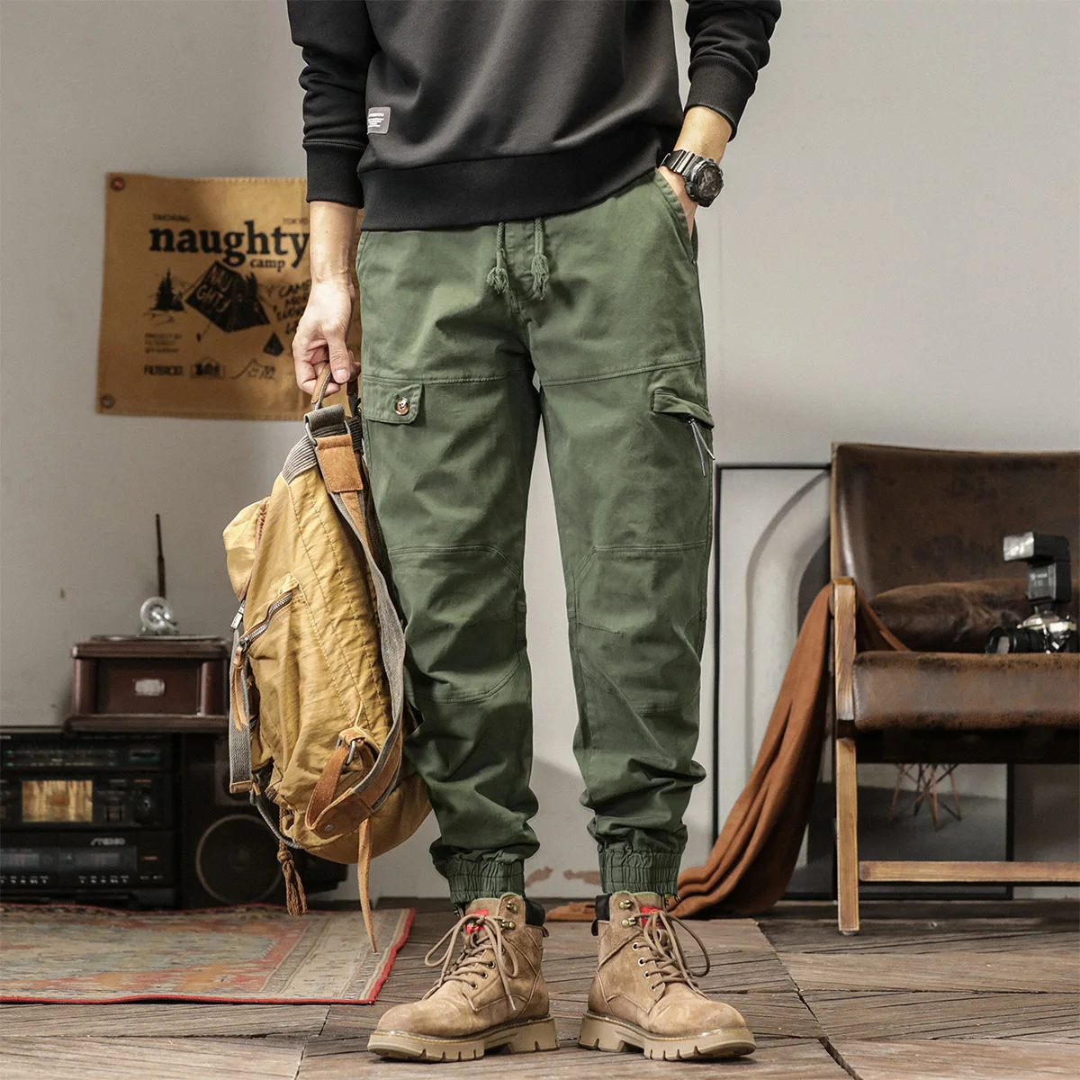 Elmsk Men's American retro functional trendy brand work pants with ankle zippers, spring and autumn oversized wear-resistant loo