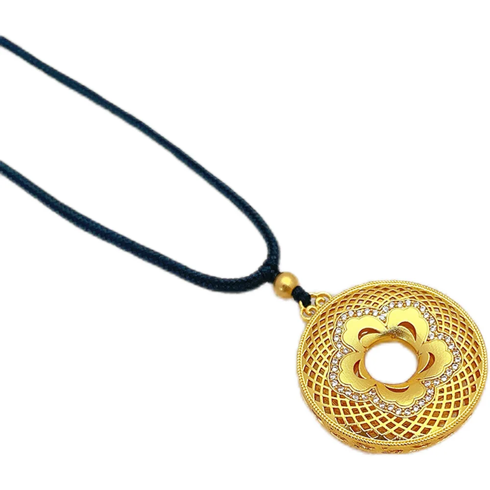 9999 24K real gold inlaid silk safety buckle pendant hollow disc necklace Chinese chic ethnic sweater for men and women