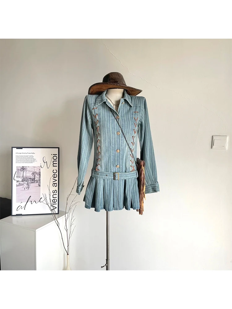 

Women Blue Striped A-line Dress Elegant Polo-Neck Long Sleeve One Piece Frocks Vintage 90s Y2k Luxury Dresses 2000s Clothes 2024