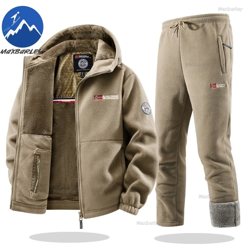 Maxbarley hiver ensemble de vêtements de sport hommes rétro formation épais polaire veste + pantalon deux pièces ensemble décontracté Ski course survêtement costume