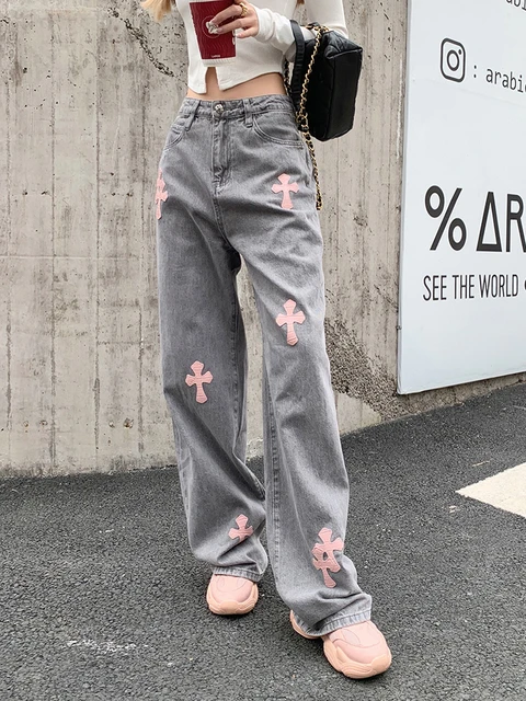 Women Cross Denim Streetwear Wide Straight Pants - AliExpress