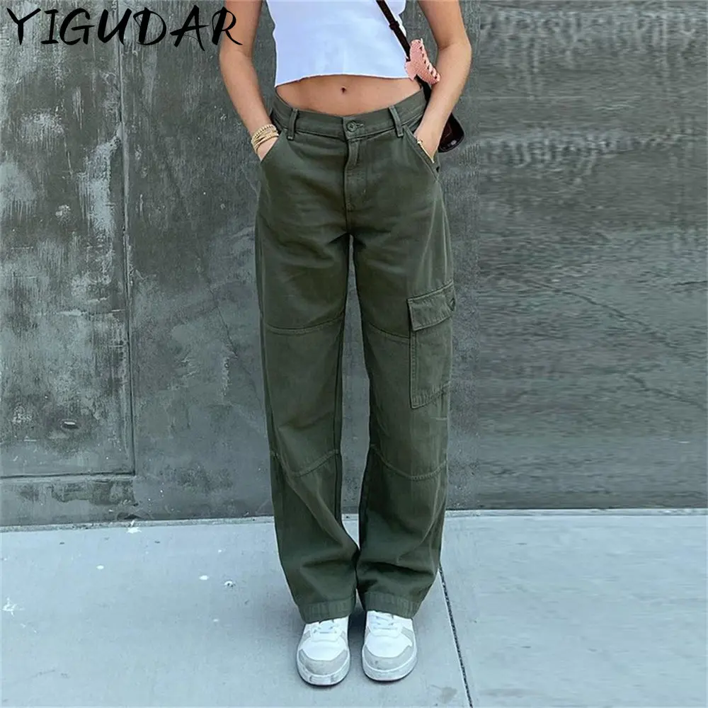 

Retro Army Green Cargo Pants Korean Punk Style Hip Hop Low Waist Jeans 90s Vintage Women Grunge Denim Trousers Streetwear