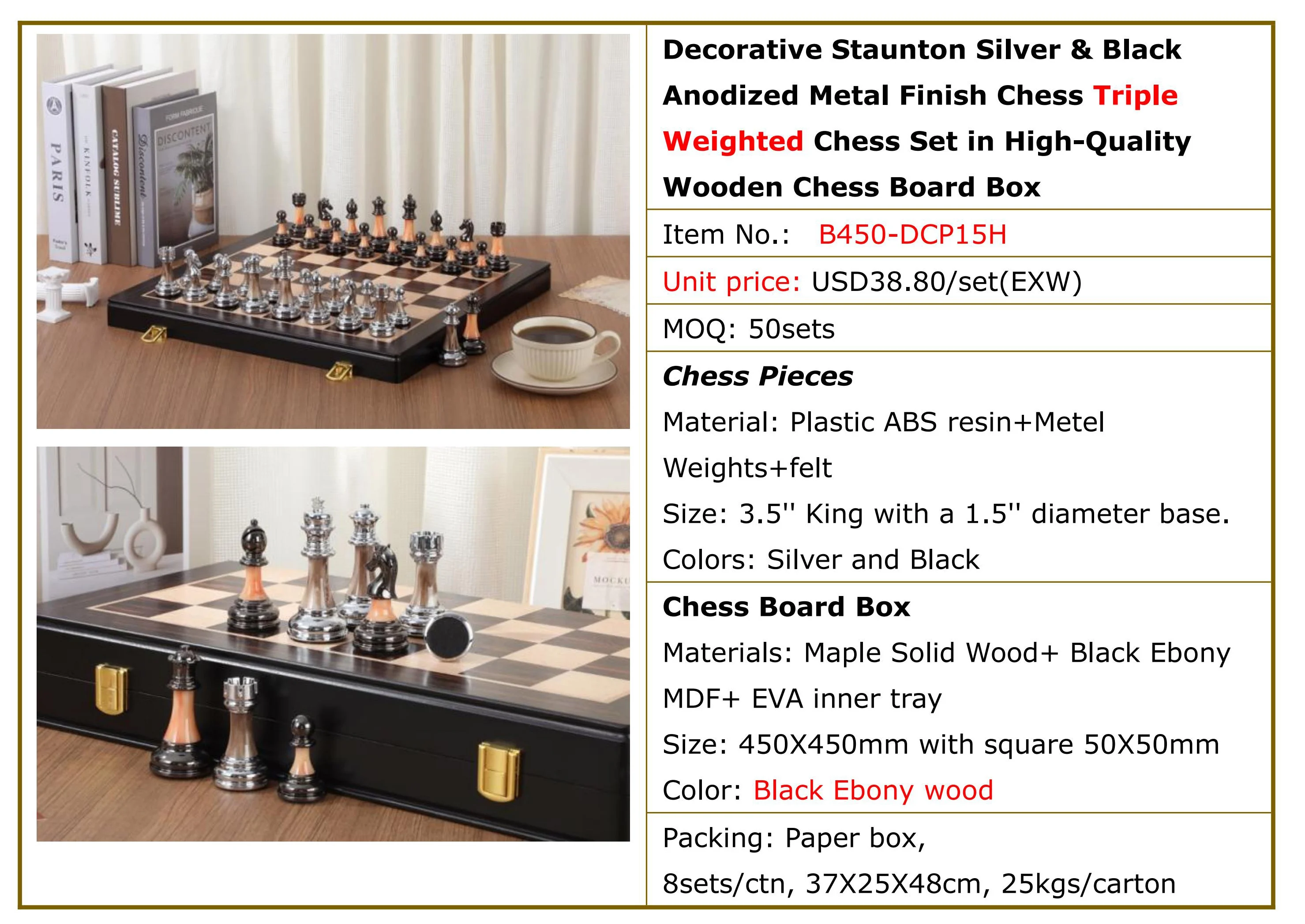 Weighted Chess Set King Tall 3.5 Inch Staunton Silver & Black Anodized Metal Fin