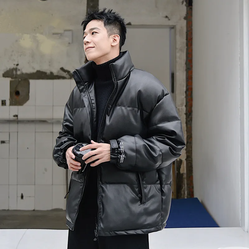 Leather down Cotton-Padded Coat for Men Winter Cotton-Padded Jacket New Thickened Fleece-Lined Cotton Coat Men's Winter
