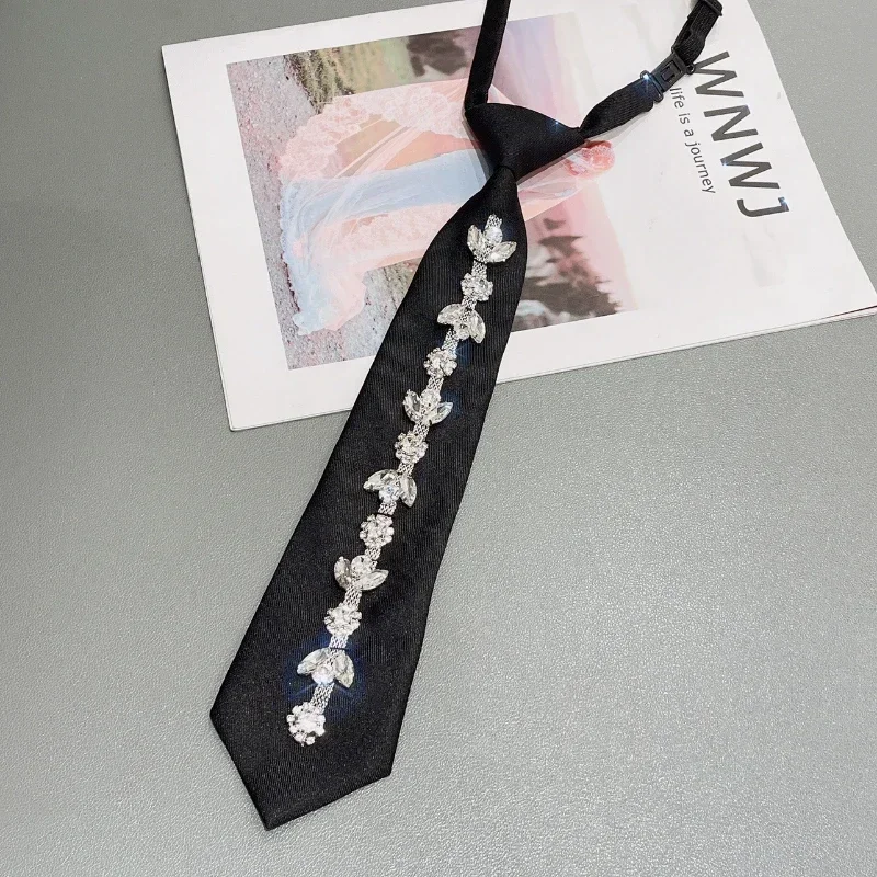 Retro Solid Neck Ties Student White Shirts Women Crystal Rhinestones Bow Ties Casual Trendy Wedding Party Necktie Clip On Tie Bow Tie Woven Necktie Necktie Set