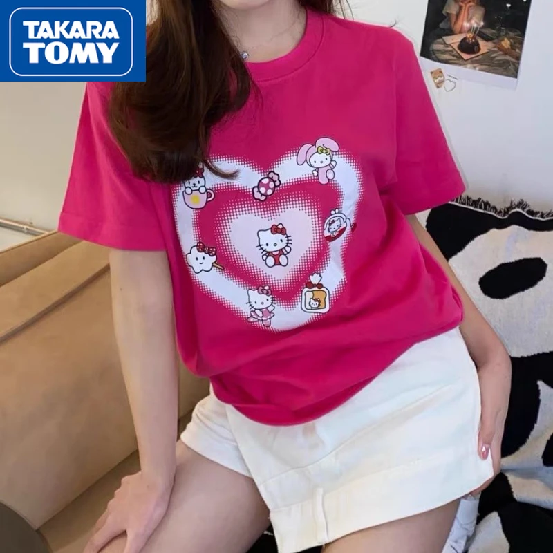 

TAKARA TOMY 2022 Summer New Cartoon Hello Kitty Love Print Cotton Couple Short-sleeved T-shirt Student Loose Round Neck Top