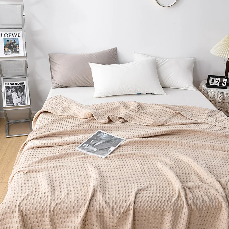 Waffle Plaid Blanket 100% Cotton Summer Bed Throw Thin Quilt Knitted Bedspread Home Sofa Coverlets  Throw Blankets Girl Boy - 4