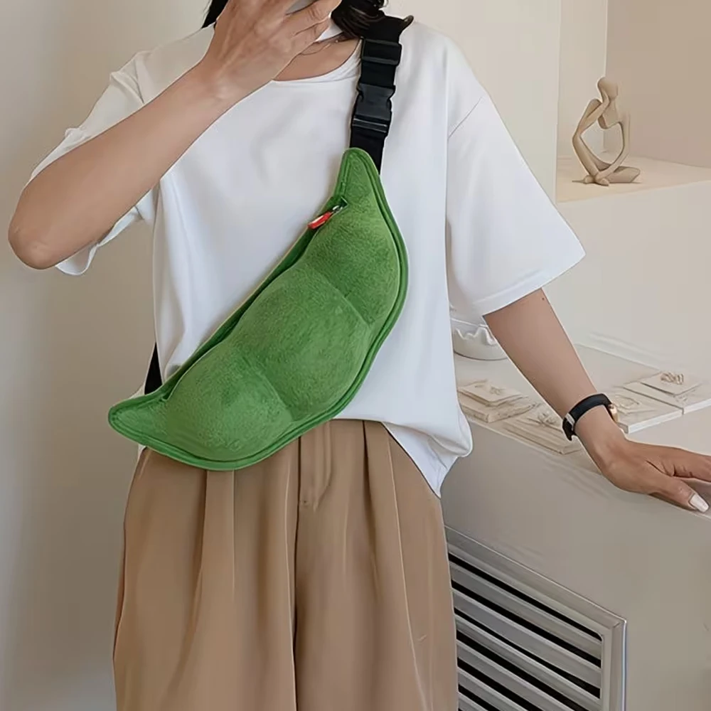 Girls' Bags with Large Capacity, Soft and Cute Plush, Quirky and Adorable Pea-Shaped Design, Single-Shoulder Crossbody Women's Chest Bag - 3