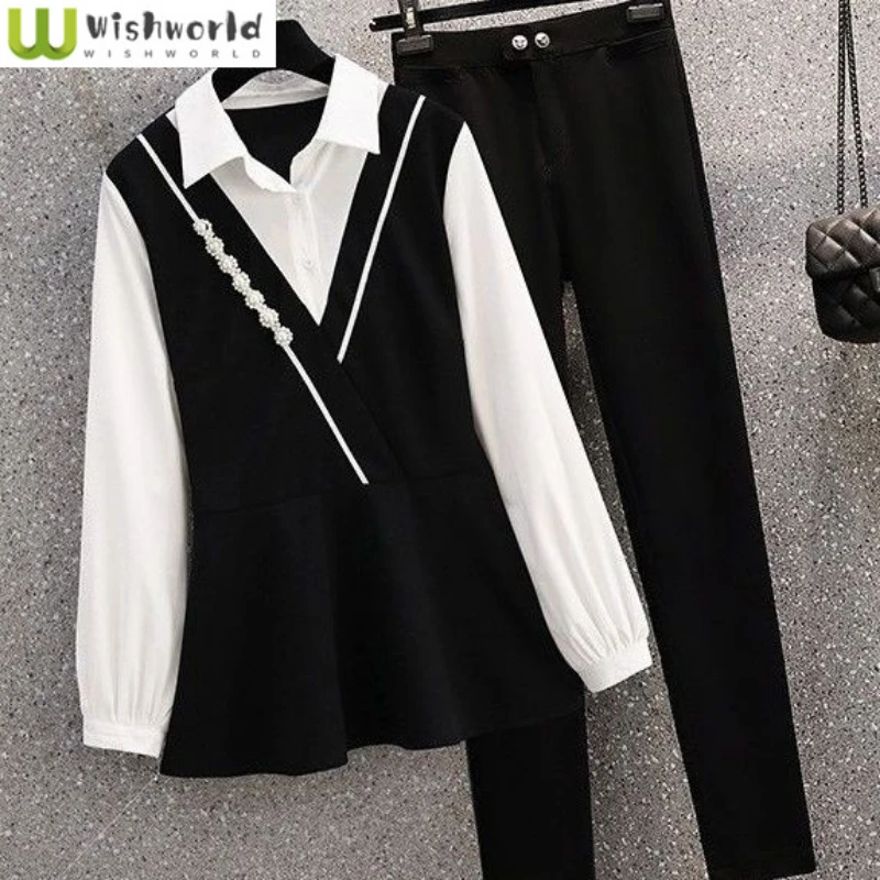 Large Size Women's Clothes 2022 Spring and Autumn New Fat Sister Senior Sense Fake Two-piece Shirt and Two-piece Set of Leggings