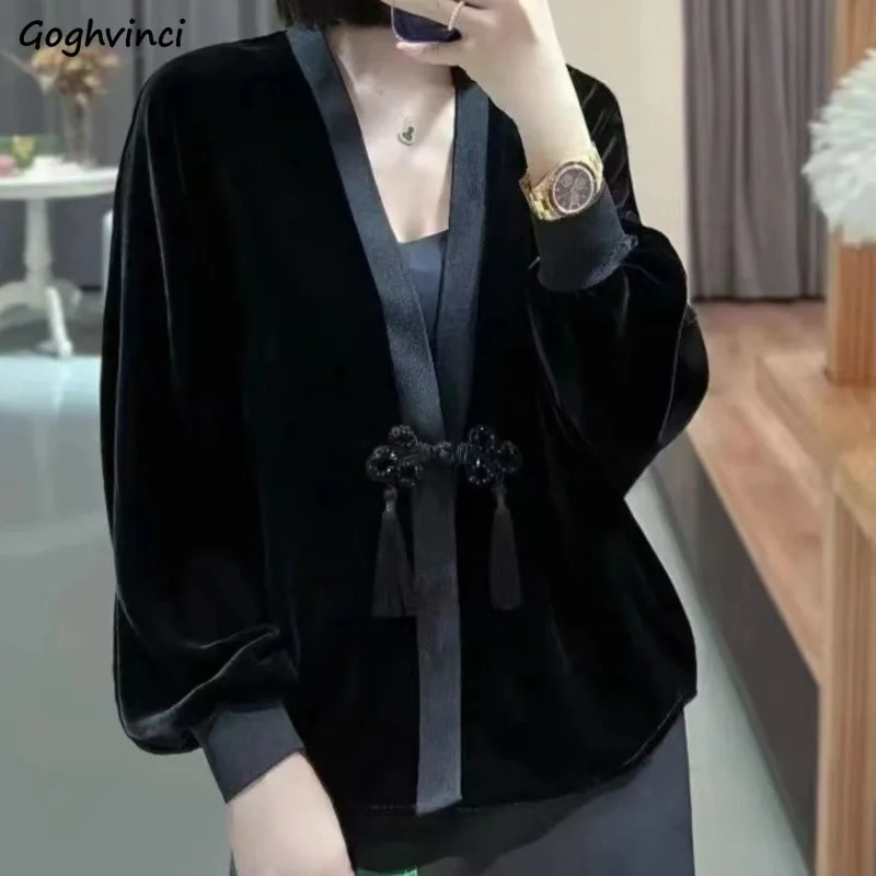 

Pleuche Jacket for Women Black V-neck Coat Elegant All-match Chinese Style Fashion Temper Mature Panelled Aesthetic Females Chic