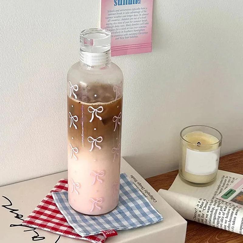 Kawaii Bow Plastic Water Bottle With Time Scale Transparent Water Cup Outdoor Sports School Drinking Bottle 500ML sports water bottle portable water bottle