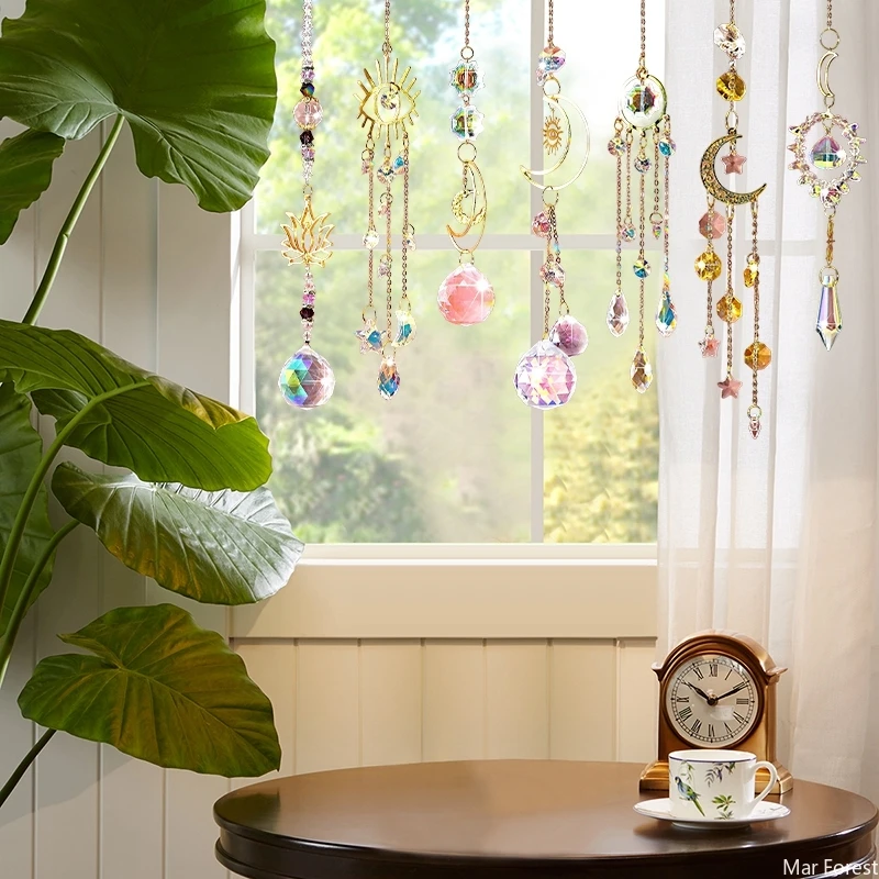 Crystal Suncatcher Sun Moon Light Catcher Pendants Wind Chimes Rainbow Maker Home Garden Decoration Window Car Charm Ornament Sun Catcher Crystal Pendant Sun Catchers Window Ornament