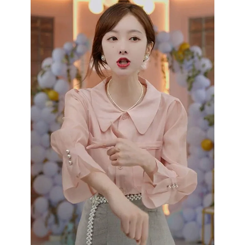 

Spring Women Pink Chiffon Blouse Shirt Women Tops Blusas Mujer De Moda 2023 Long Sleeve Shirts Women Shirts Blouses Femme E100