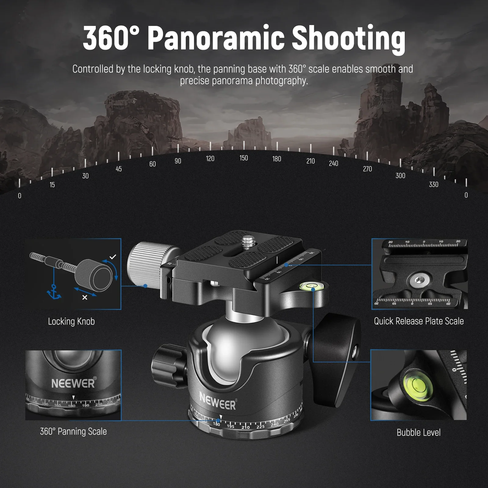 Low-Profile 36mm Metal Panorama Ball Head Camera Tripod Base with Arca-Compatibl