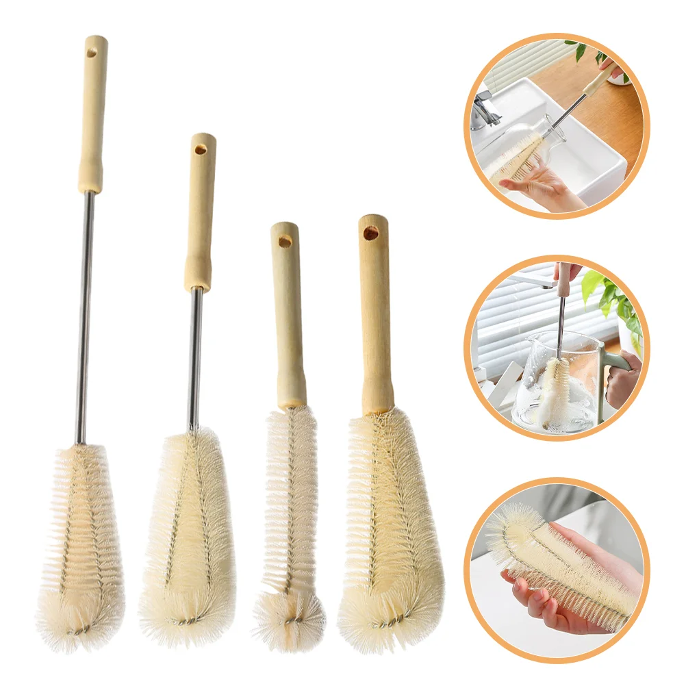 

4 Pcs Cleaning Cup Brush and Bottle Long Handle Ball Nylon Bristle Mug Wood Glass