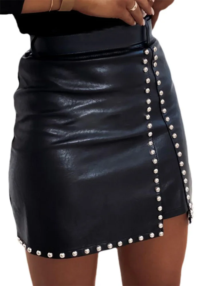 Women's PU Leather Mini Skirt High Waist Rhinestone Split Bodycon Pencil Skirt Summer Clubwear 2