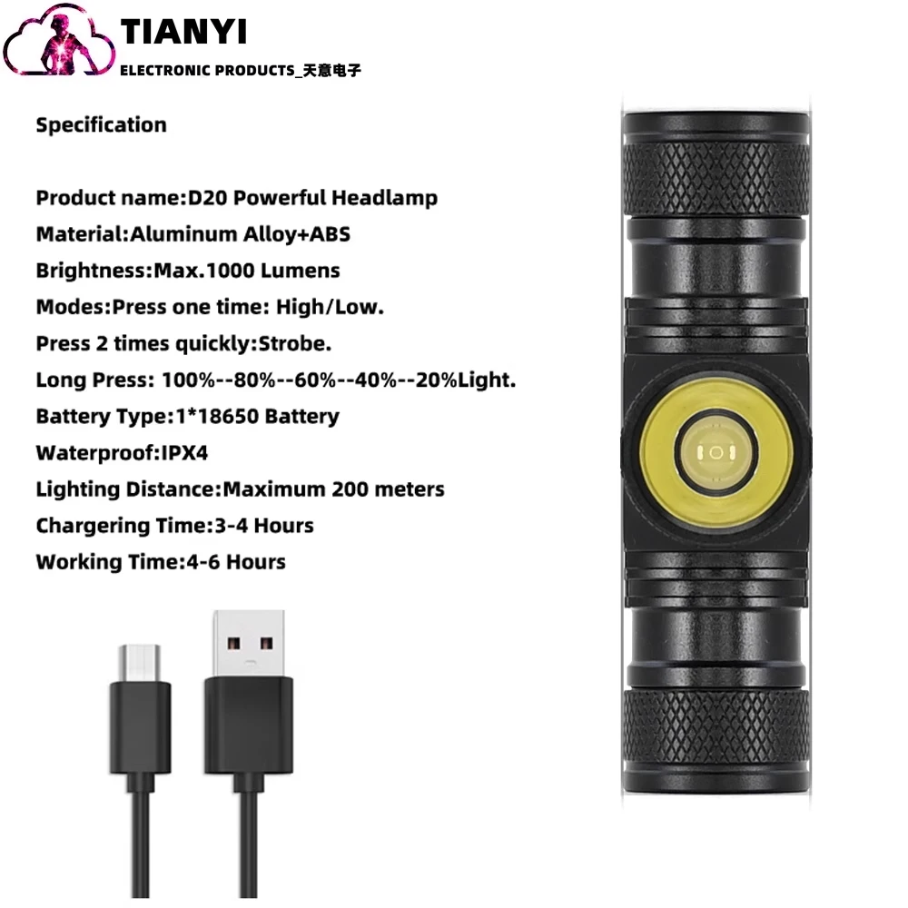 Oppladbar led-hodelykt usb-c ultrasterk vanntett 5 moduser_voghion.com